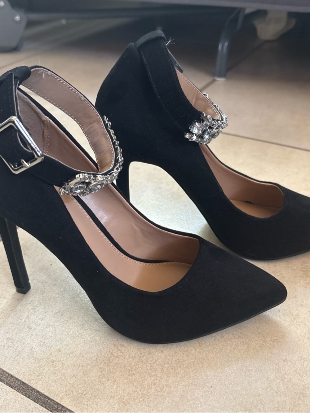 Abound Black Suede Pointed Toe Ankle Strap Pumps with Crystal Accent - Picture 6 of 8